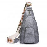 Grey faux Leather Sling Bag With Side Adjustable Woven Canvas Guitar Strap