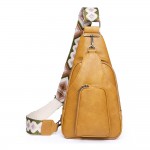 Mustard faux Leather Sling Bag With Side Adjustable Woven Canvas Guitar Strap