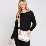 Ivory Woven Cotton Checkered Crossbody With Guitar Strap And Tassel