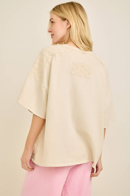 Mineral Washed Flower Daisy V-neck Shirt top HT6747