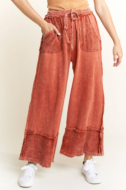 Mineral Wash Wide Pants with raw hem frayed details HP5536
