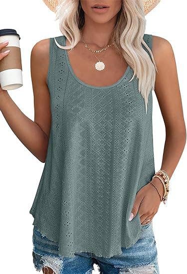 White / L Eyelet basic loose overfit cozy summer tank top: