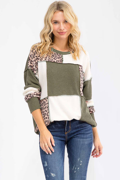 Leopard Patchwork Color Block Rib Knit Pullover Top T6089