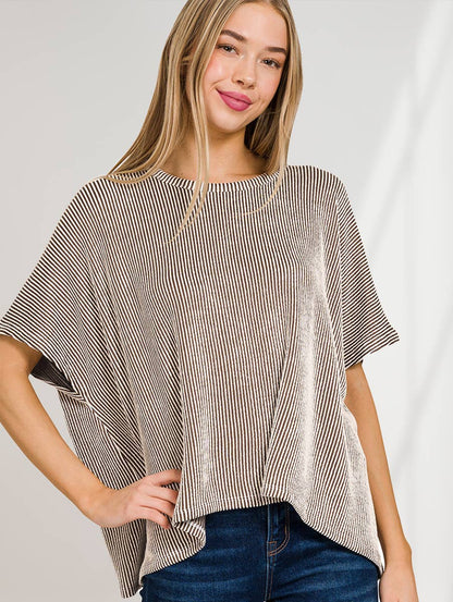 L/XL Ribbed Pin-striped Oversized Top: VIOLET-158644 /