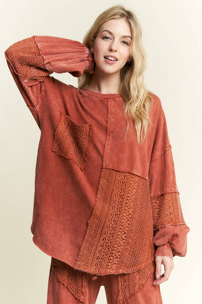 Mineral Wash Lace detailed Long Sleeve sweatshirt HT6027