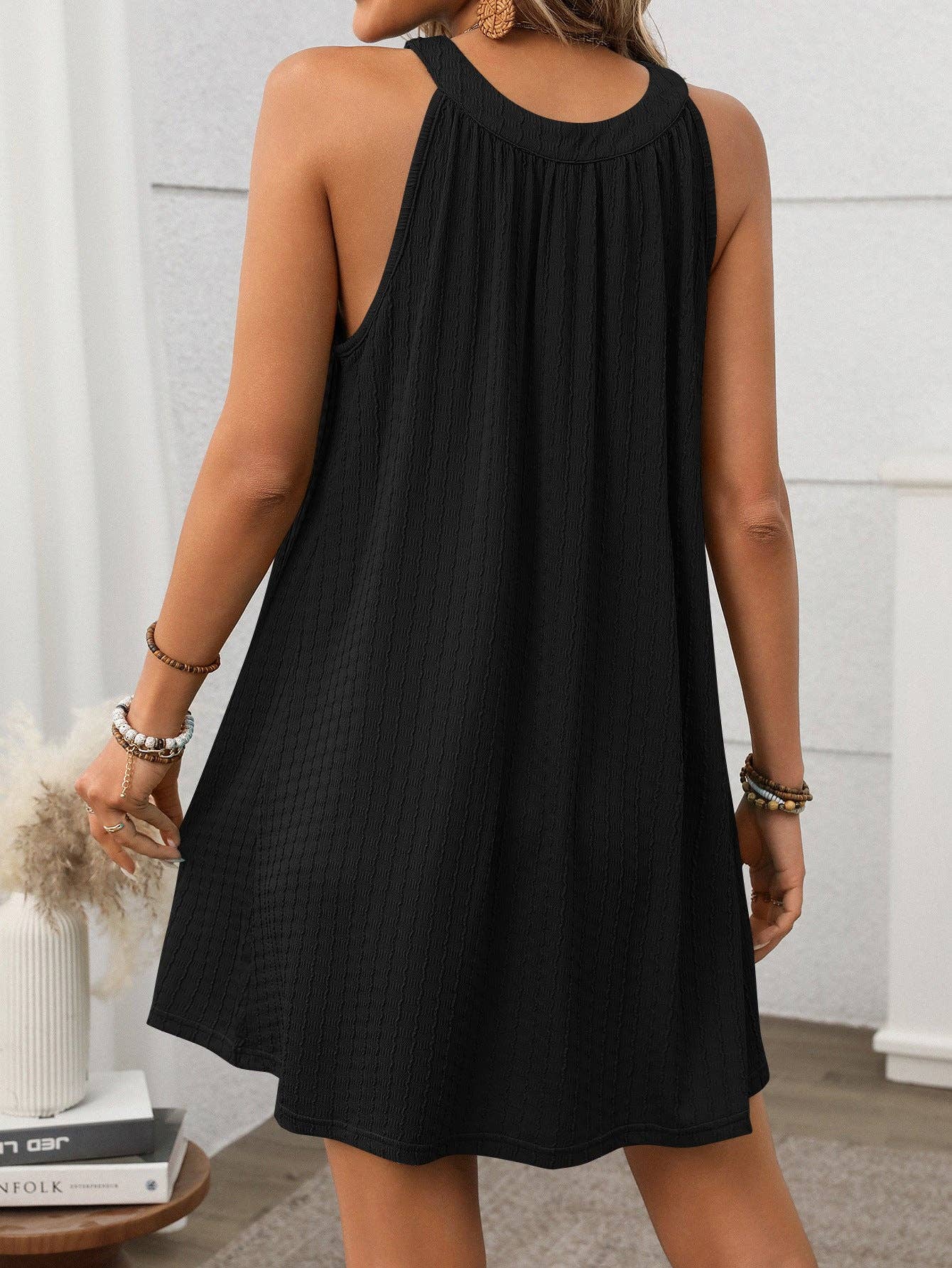 Solid Color Round Neck Hanging Neck Loose Sleeveless Dress Women