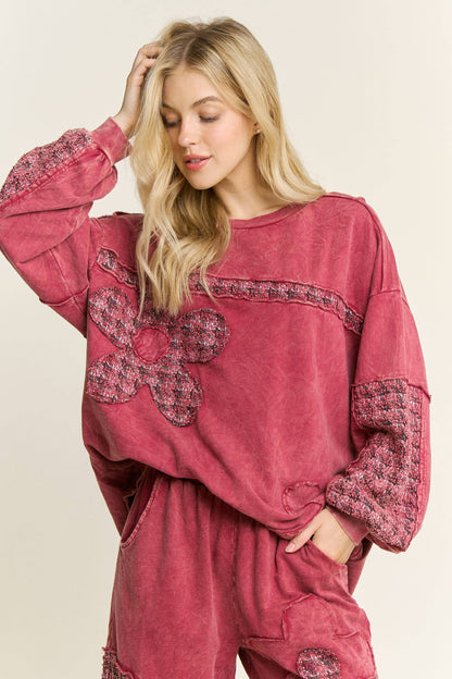 Mineral Washed Tweed Daisy patch Long sleeve top HT6761