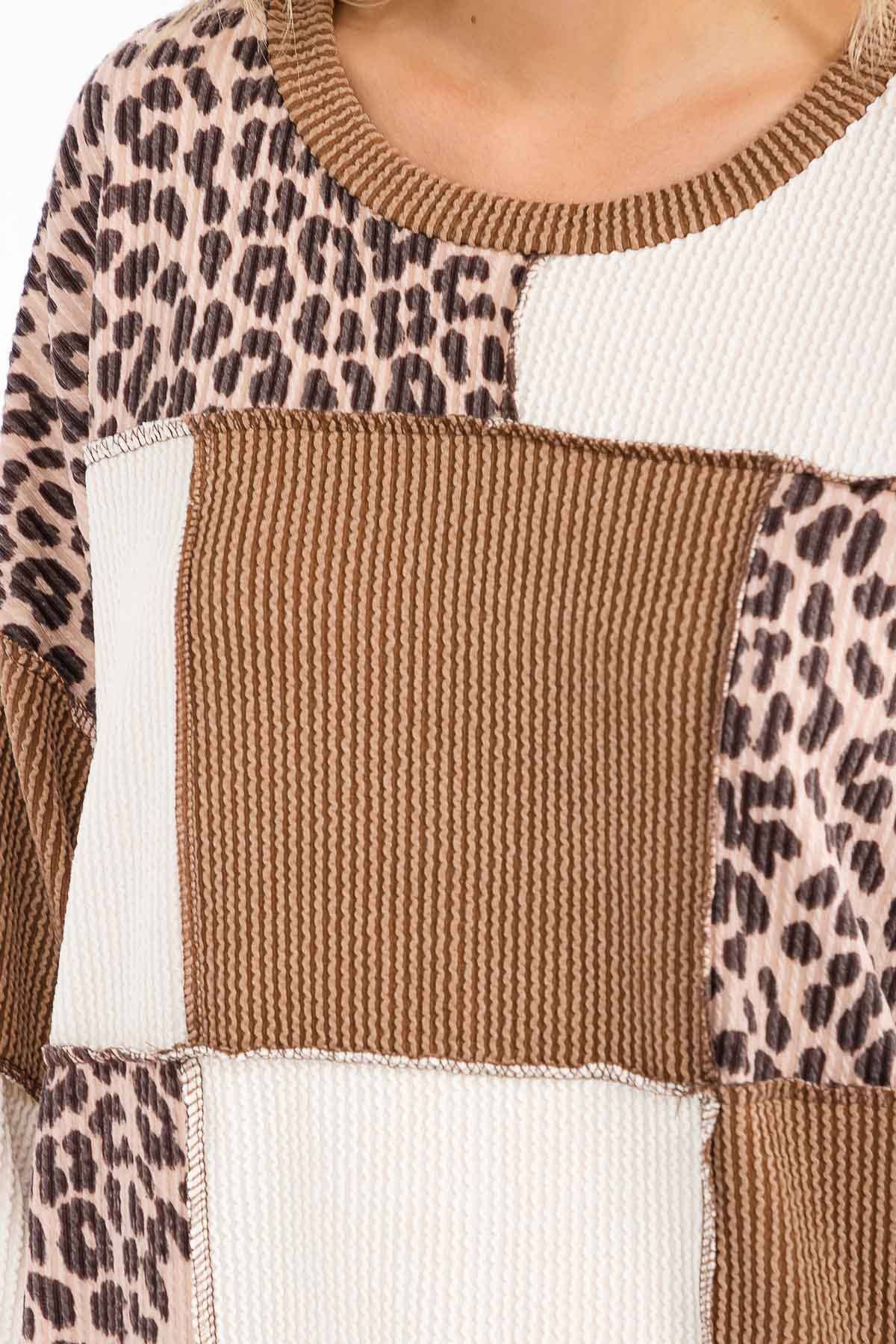 Leopard Patchwork Color Block Rib Knit Pullover Top T6089