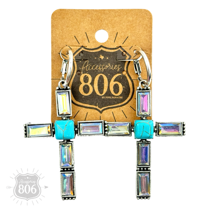 Turquoise and rhinestone cross earring