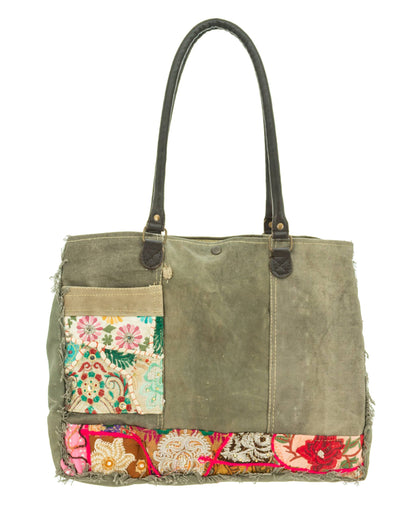 Recycled Tent Tote with Vintage Textiles (Snap Top)