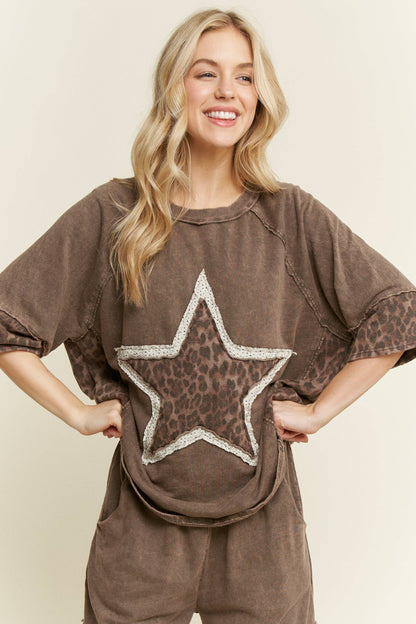 Mineral Washed Leopard Star Halfsleeve top HT6628