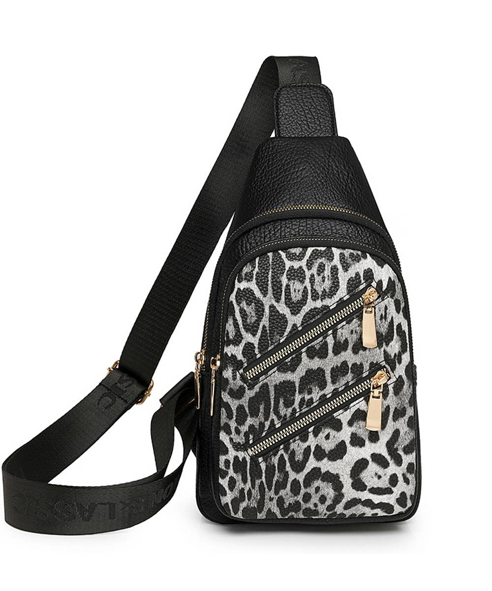 LEOPARD DOUBLE ZIPPER CROSSBODY SLING BAG