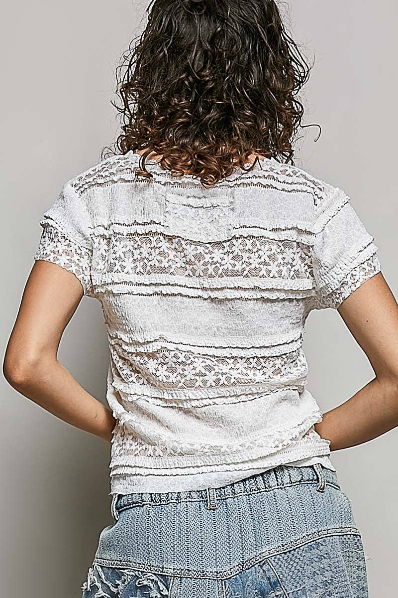 Feminine Lace V Neck Short Sleeve Top Trim Raw Edge
