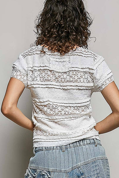 Feminine Lace V Neck Short Sleeve Top Trim Raw Edge
