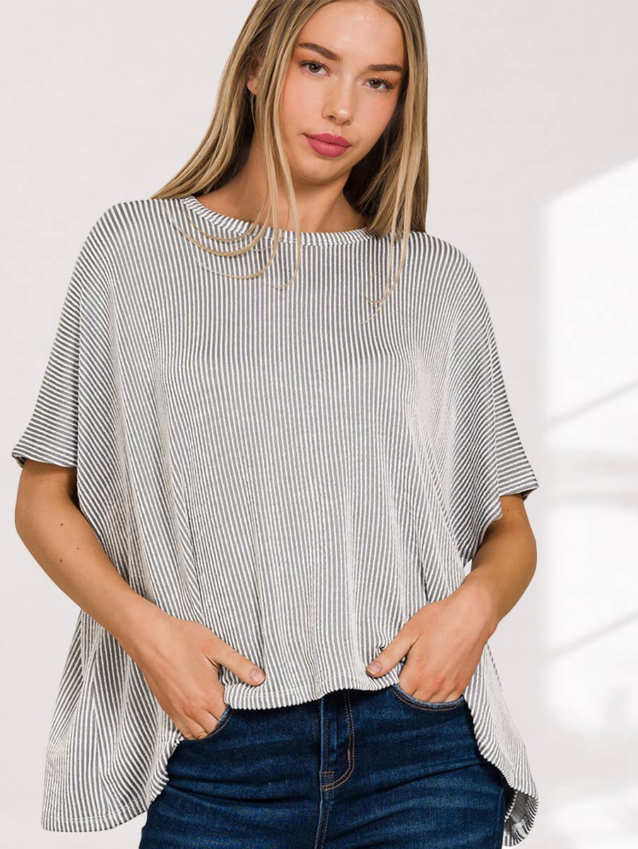 S/M Ribbed Pin-striped Oversized Top: VIOLET-158644 /