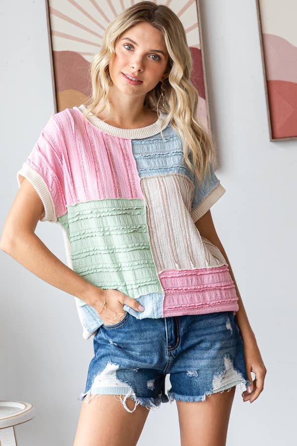 Color Block Textured Patchwork Short Sleeve Top T5944
