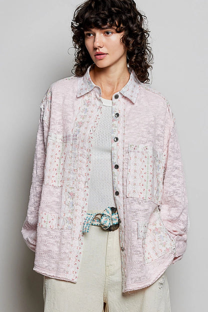 POL Clothing GKT615 Lace Denim Relaxed-Fit Button Down Shirt