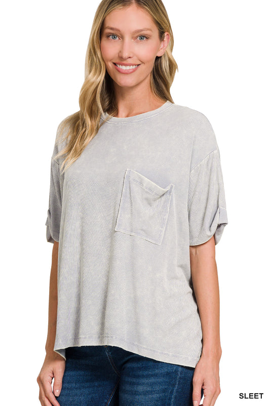 Washed Ribbed Cuffed Short Sleeve Round Neck Top