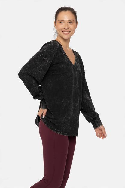Mineral Wash Cotton Blend Deep V-Neck Long Sleeve