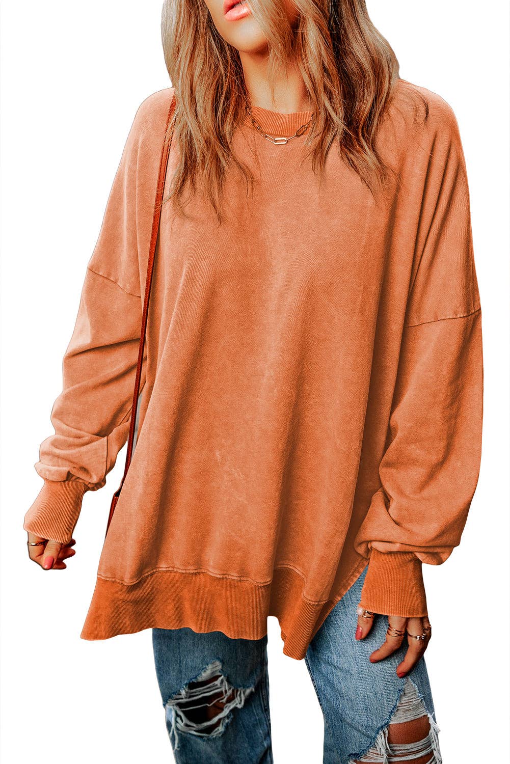 Grapefruit Orange Drop Shoulder Ribbed Trim Oversized Sweatshirt: Grapefruit Orange / L / 75%Polyester+25%Cotton