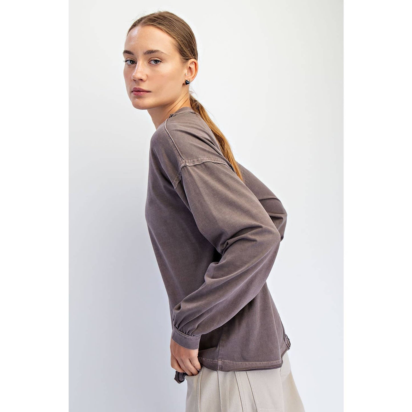 Rae Mode Pigment Washed Long Sleeve Cotton Top T0093