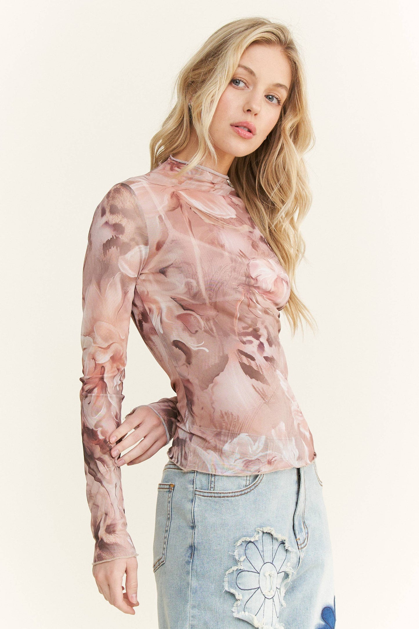 Flower Print Lace Mesh Long Sleeve Layering top HT6578