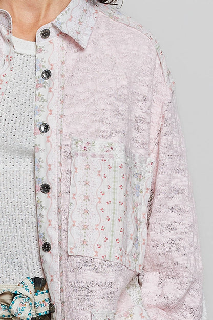 POL Clothing GKT615 Lace Denim Relaxed-Fit Button Down Shirt