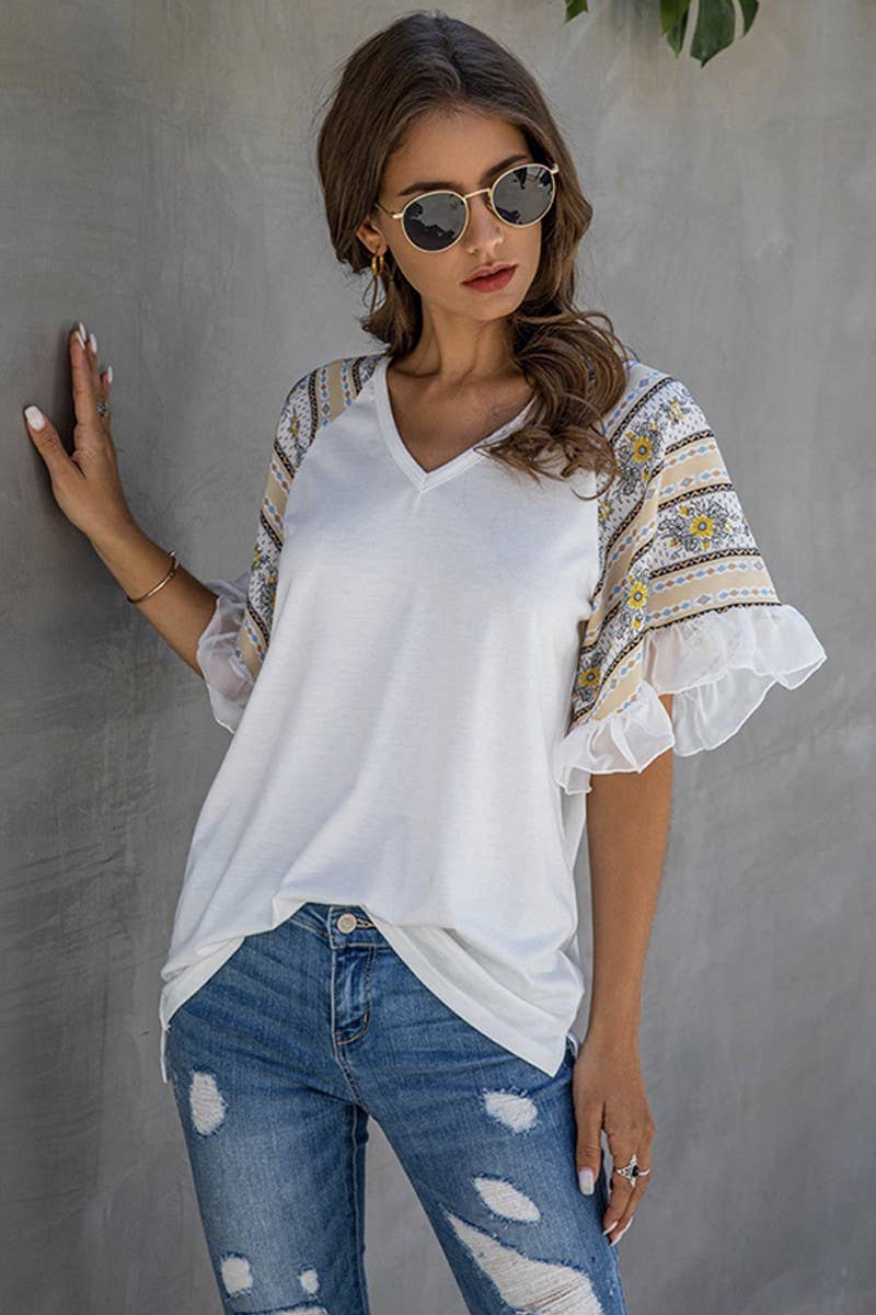 Medium Printed Ruffle Sleeve Top: White