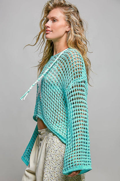 V-neck Acrylic Star Patch Pearl Stud Hoodie Thin Sweater Top