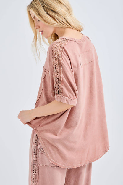 Mineral Washed Relaxed Fit Tee with Crochet Detail HT6312 Shirt
