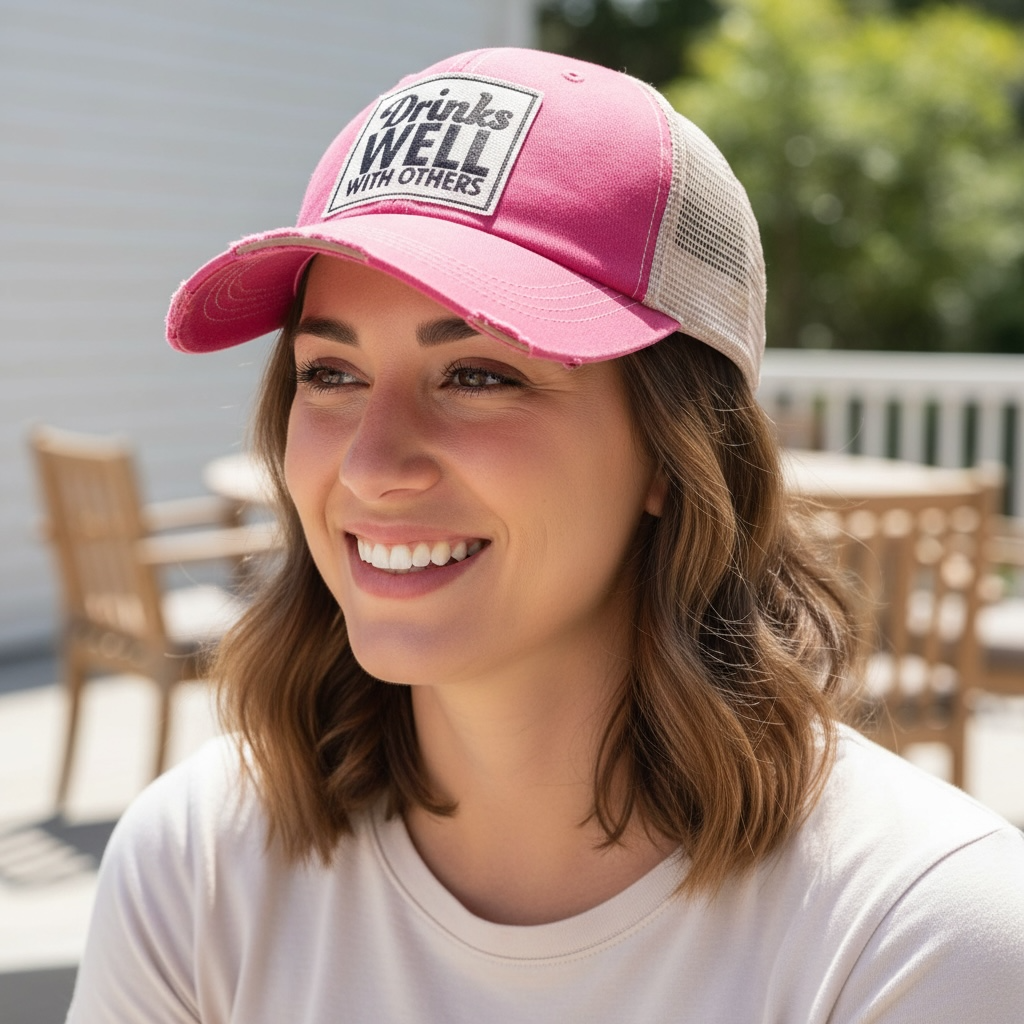 "Drinks Well With Others" Distressed Trucker Hat Baseball
