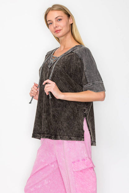 Mineral Wash CrissCross Hoodie Top HT5597