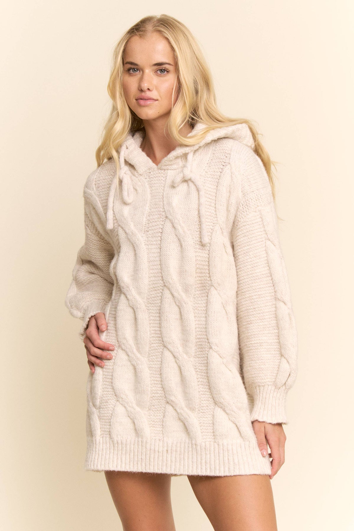 Oversized Cable Knit Hoodie Sweater Dress