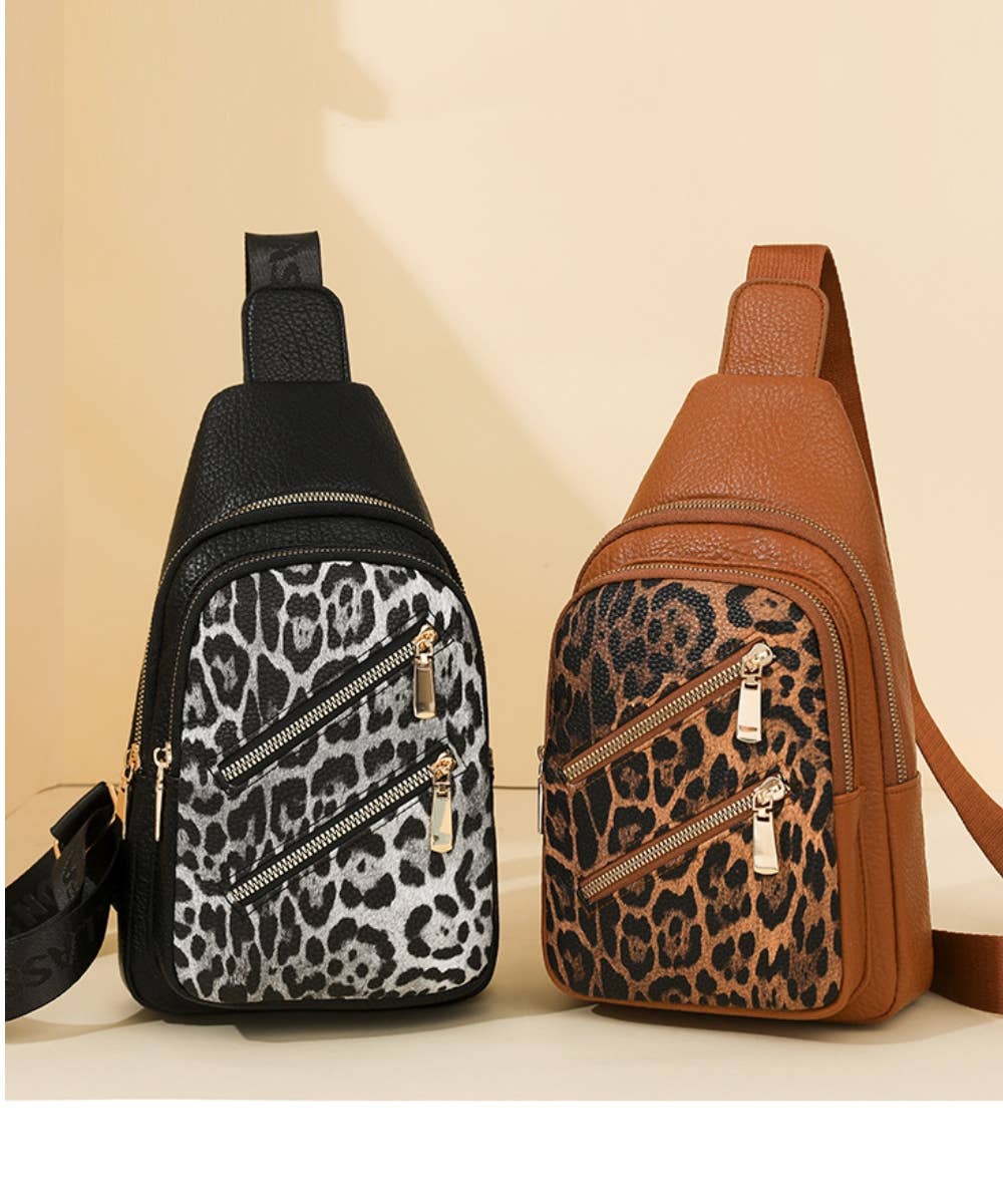 LEOPARD DOUBLE ZIPPER CROSSBODY SLING BAG