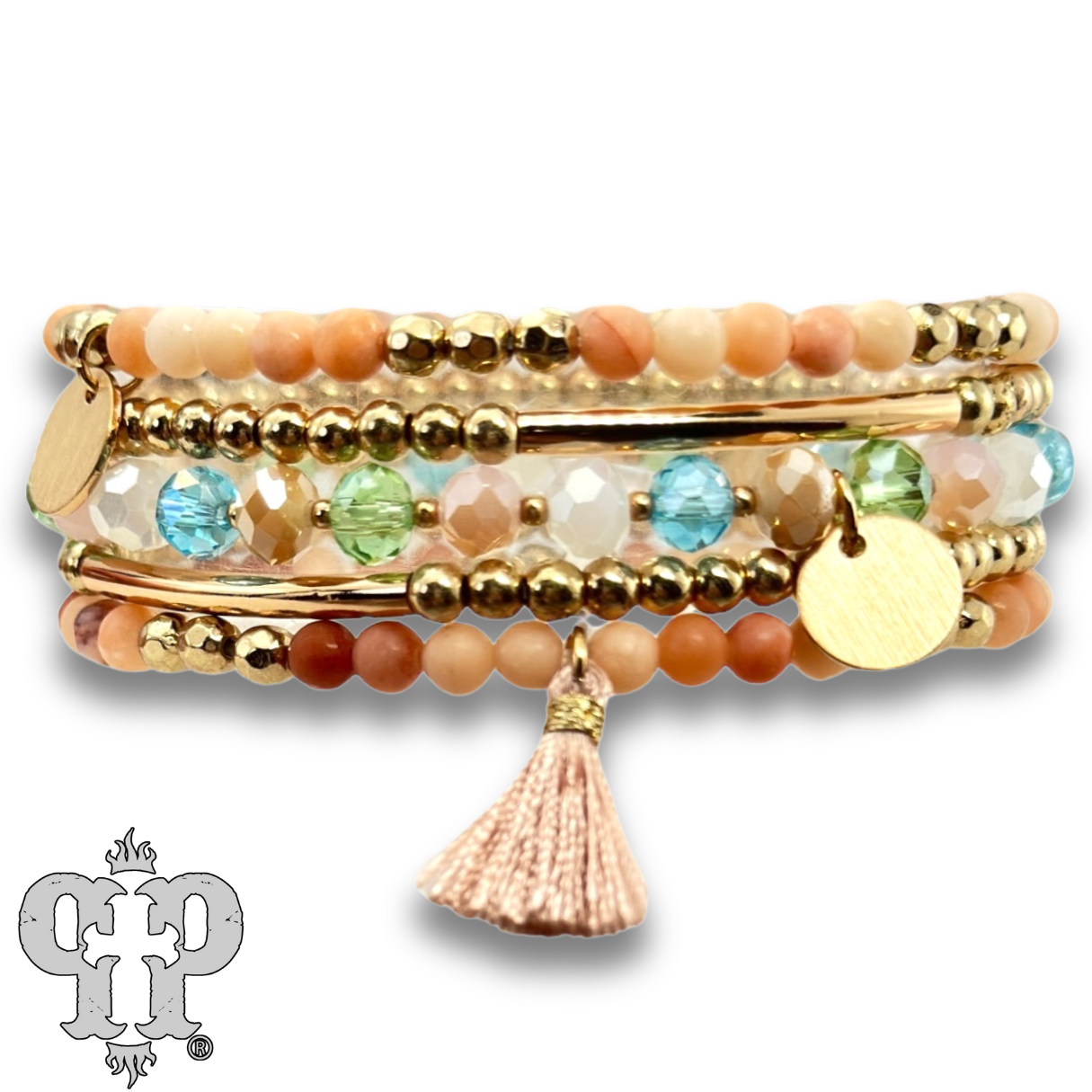 Colorful and gold bead charm bracelet stack