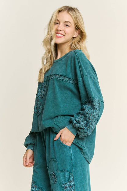 Mineral Washed Tweed Daisy patch Long sleeve top HT6761