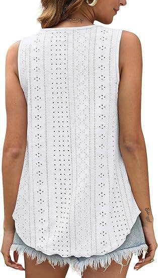 White / L Eyelet basic loose overfit cozy summer tank top: