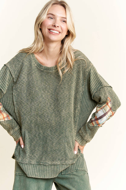 Mineral Wash Plaid Star patched elbow sweater top HT5999