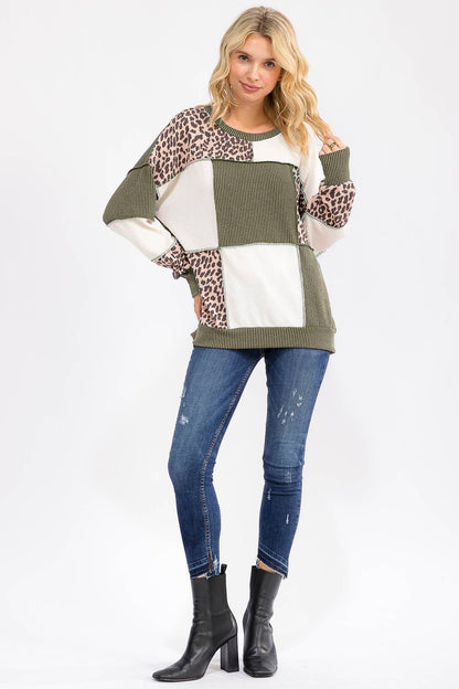 Leopard Patchwork Color Block Rib Knit Pullover Top T6089