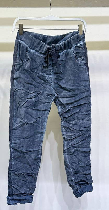 Stonewashed Ribbon Side Stripe Drawstring Crinkle Joggers