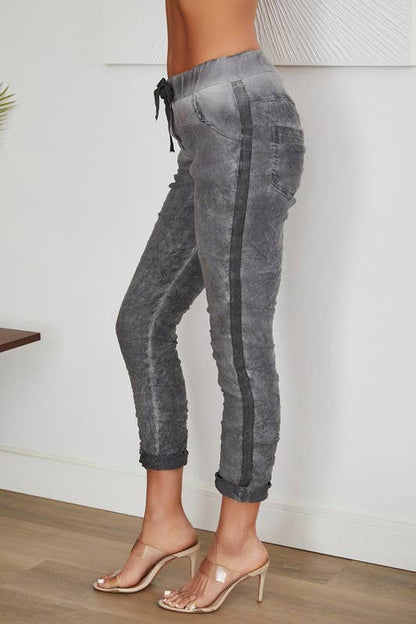 Stonewashed Ribbon Side Stripe Drawstring Crinkle Joggers