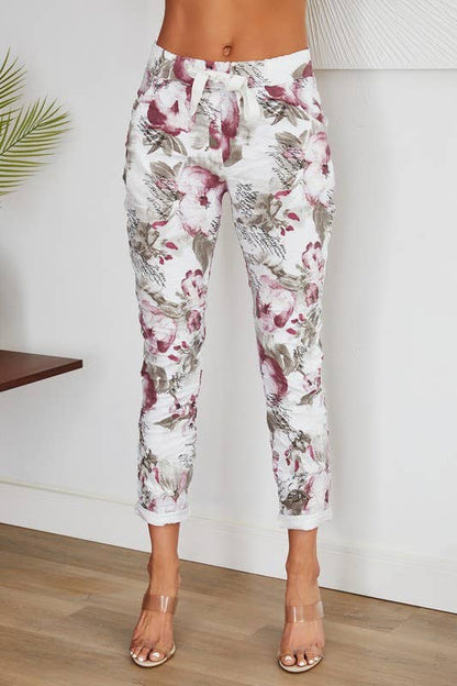 Cursive Lettering Floral Print Crinkle Joggers