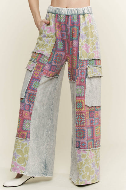 Mineral Wash Crochet Floral Printed Pants HP5758