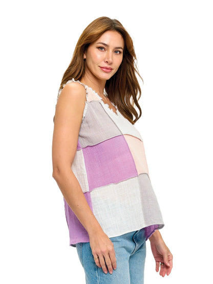 Boho Patchwork Colorblock Ruffle Details Top