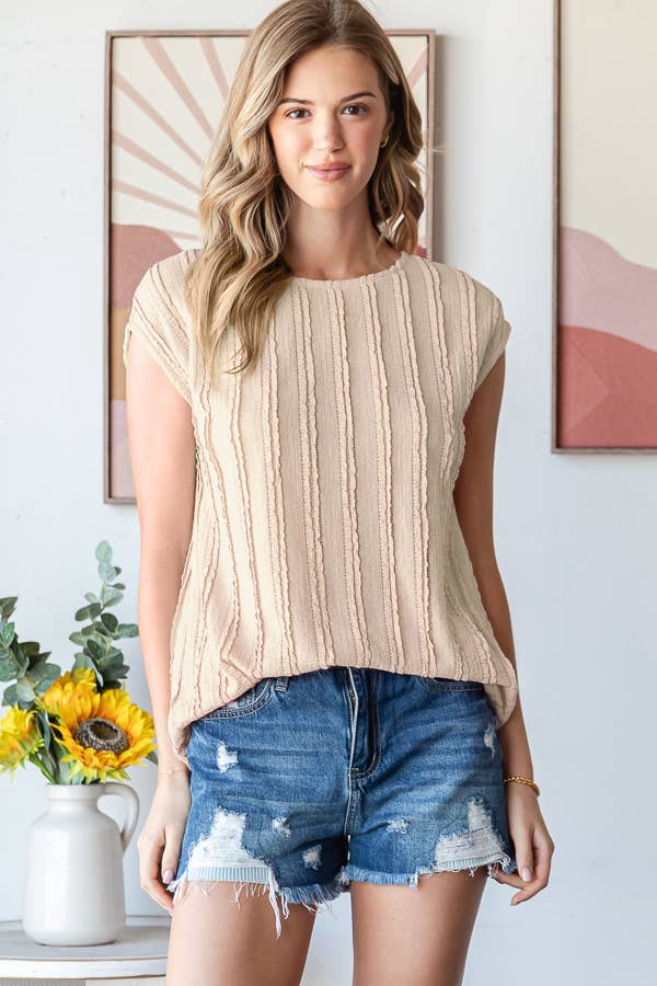 Lightweight Stripe Textured Cap Sleeves Blouse T5948