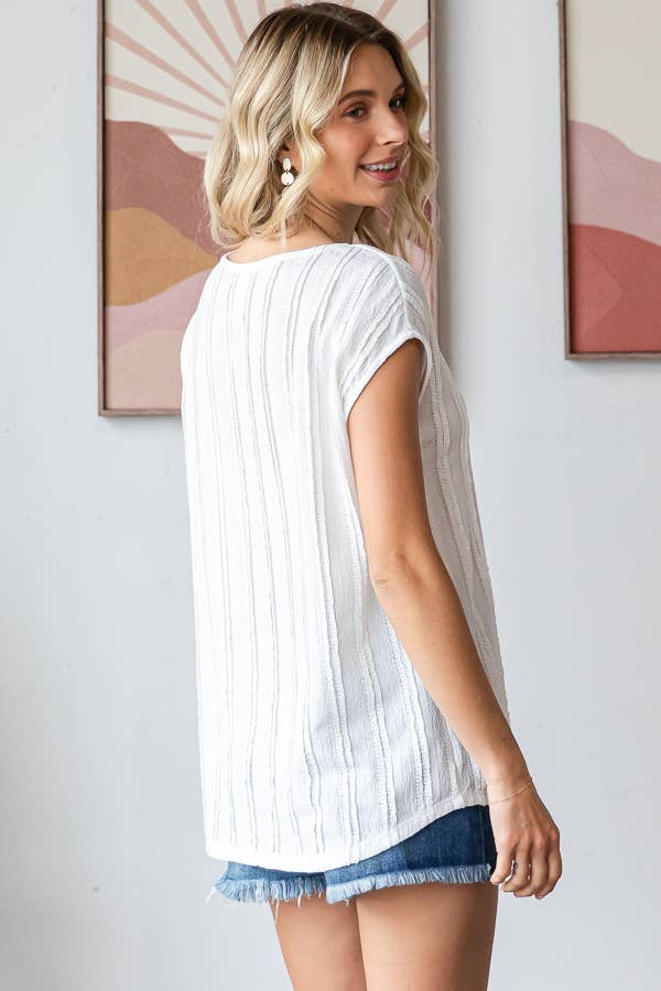 Lightweight Stripe Textured Cap Sleeves Blouse T5948
