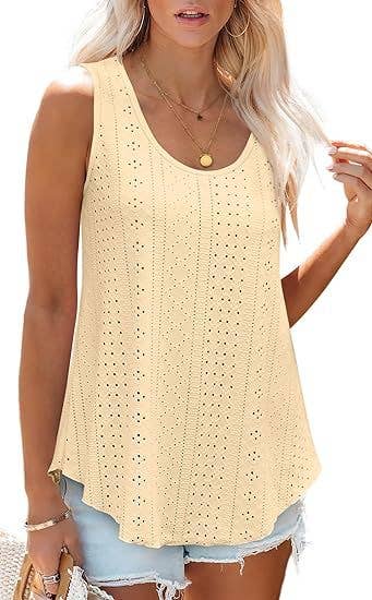 White / L Eyelet basic loose overfit cozy summer tank top: