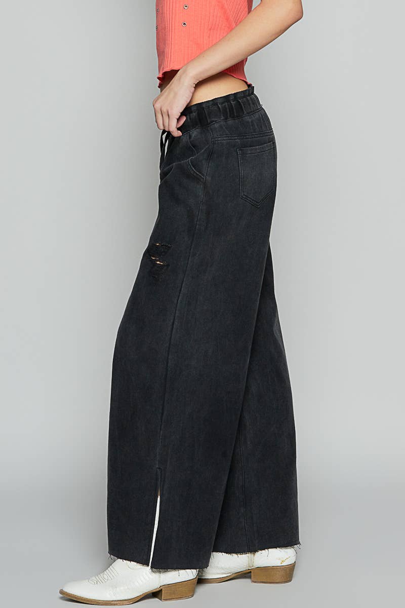 Wide leg drawstring elastic waist distressed denim pants