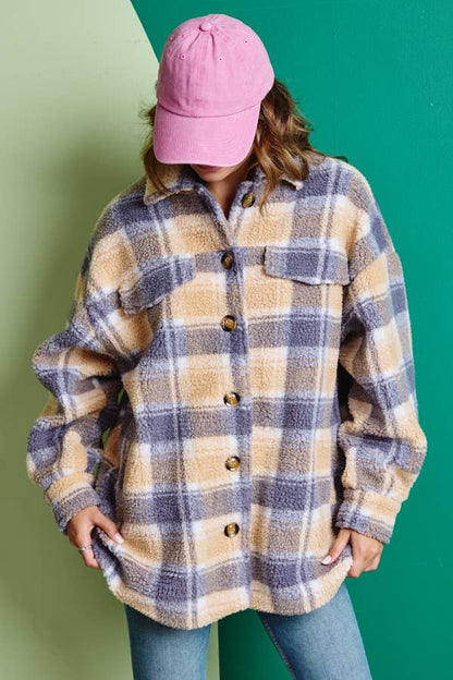 Collared Plaid Jacket Shacket Caramel Petal Dew