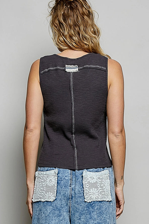 Round neck sleeveless slim fit ribbed Top with star patch accents, stud details Shirt